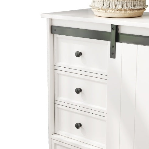 51'' Farmhouse Drawer Chest With Sliding Door, Multi-Storage Drawer Dresser With 5 Drawers And Storage Shelf, Tall Chest Of Drawers With Adjustable Shelves For Bedroom, Living Room