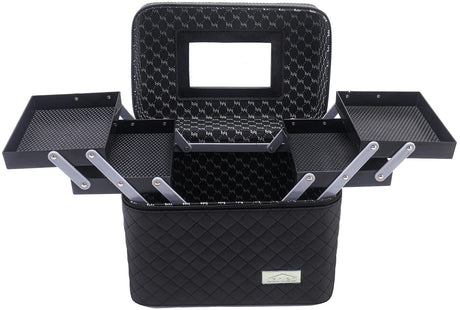Sooyee Makeup Bag Cosmetic Bags with Mirror Makeup Organizer 4 Layer Foldable Tray Open to The SidesMakeup Travel Bag for WomenMakeup Box Train CaseBlack