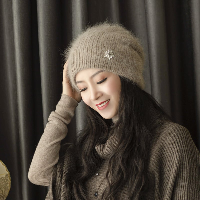 Women's Thick Rabbit Hair Knitted Hat with Rhinestones