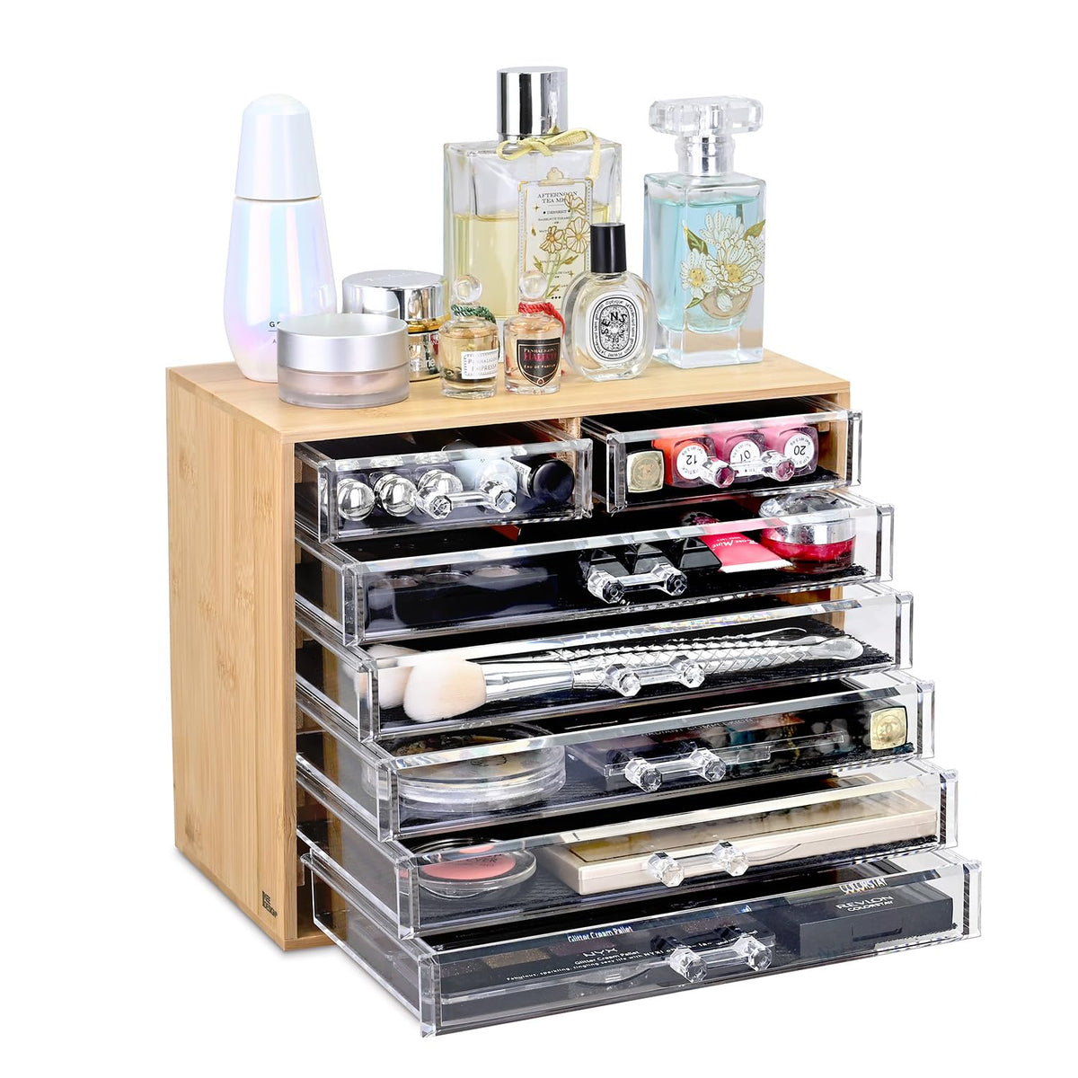 Ikee Design Bamboo Makeup Organizer Bamboo Storage Organizer with 7 Acrylic Storage Drawers Ideal for Cosmetics Jewelry Hair Accessories Perfect for Vanity Bathroom Counter or Dresser