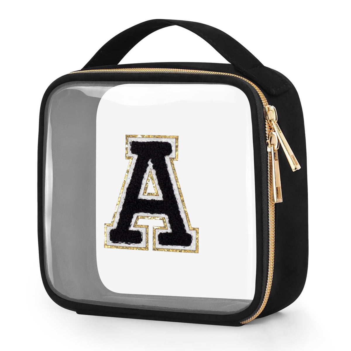 Wedama Clear Toiletry Bag TSA Approved Toiletry Bag PVC Clear Makeup Bag with Handles Chenille Letter Women Cosmetic Bag Large Opening Travel Bag Carry on Airport Bag for Travel Toiletry Letter A