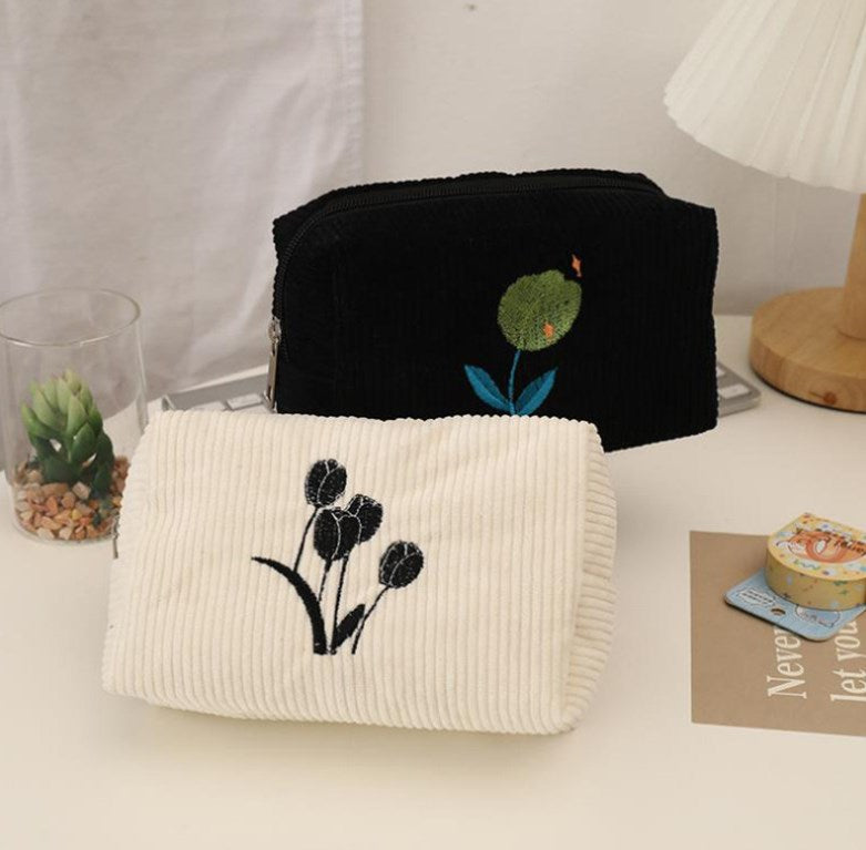 Black Tulip Embroidery Makeup Bag with Zipper Organizer