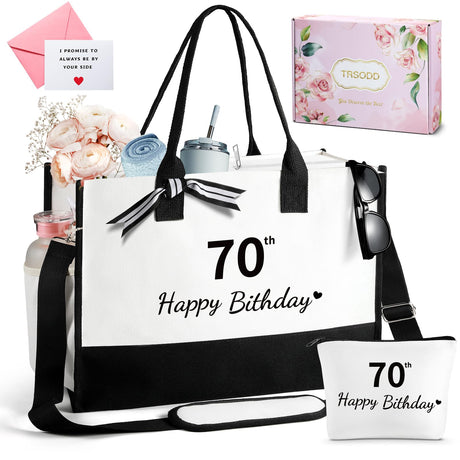 TRSODD Friend 70th Happy Birthday Gifts for Women Can-vas Tote Bag for Women Customized Mothers Day Teacher Grandma Sister Gifts Overnight Bag w Makeup Bag Side Pocket Shoulder Strap Gift Box Card