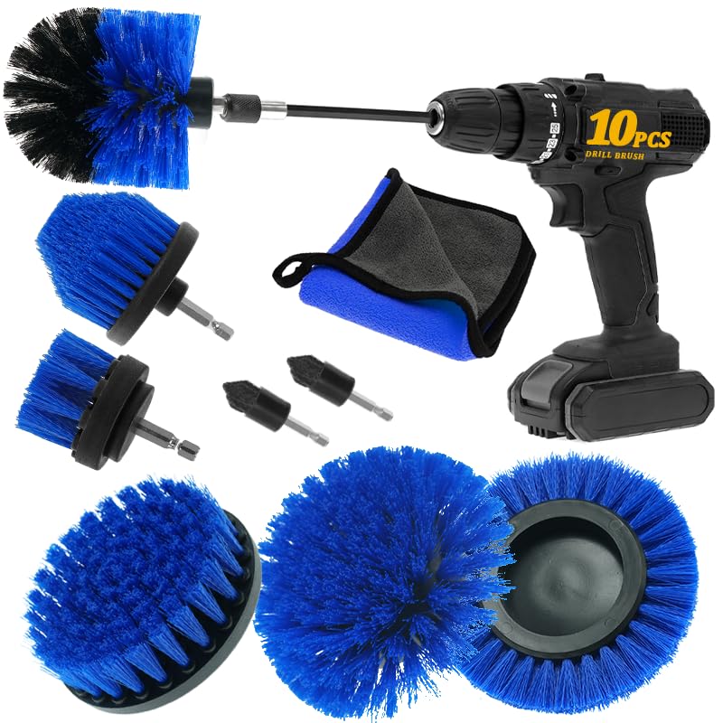 ETOUPA 10 Pcs Drill Brush Attachment Set Power Cleaning Scrub Brush Kit with Extend Long Attachment All Purpose Drill Scrub Brushes for Car Grout Floor Shower Bathroom and Kitchen (Blue)