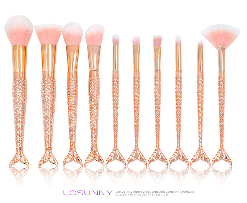 10-Piece Mermaid Makeup Brush Set with Rose Gold Handles