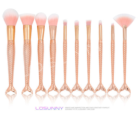 10-Piece Mermaid Makeup Brush Set with Rose Gold Handles