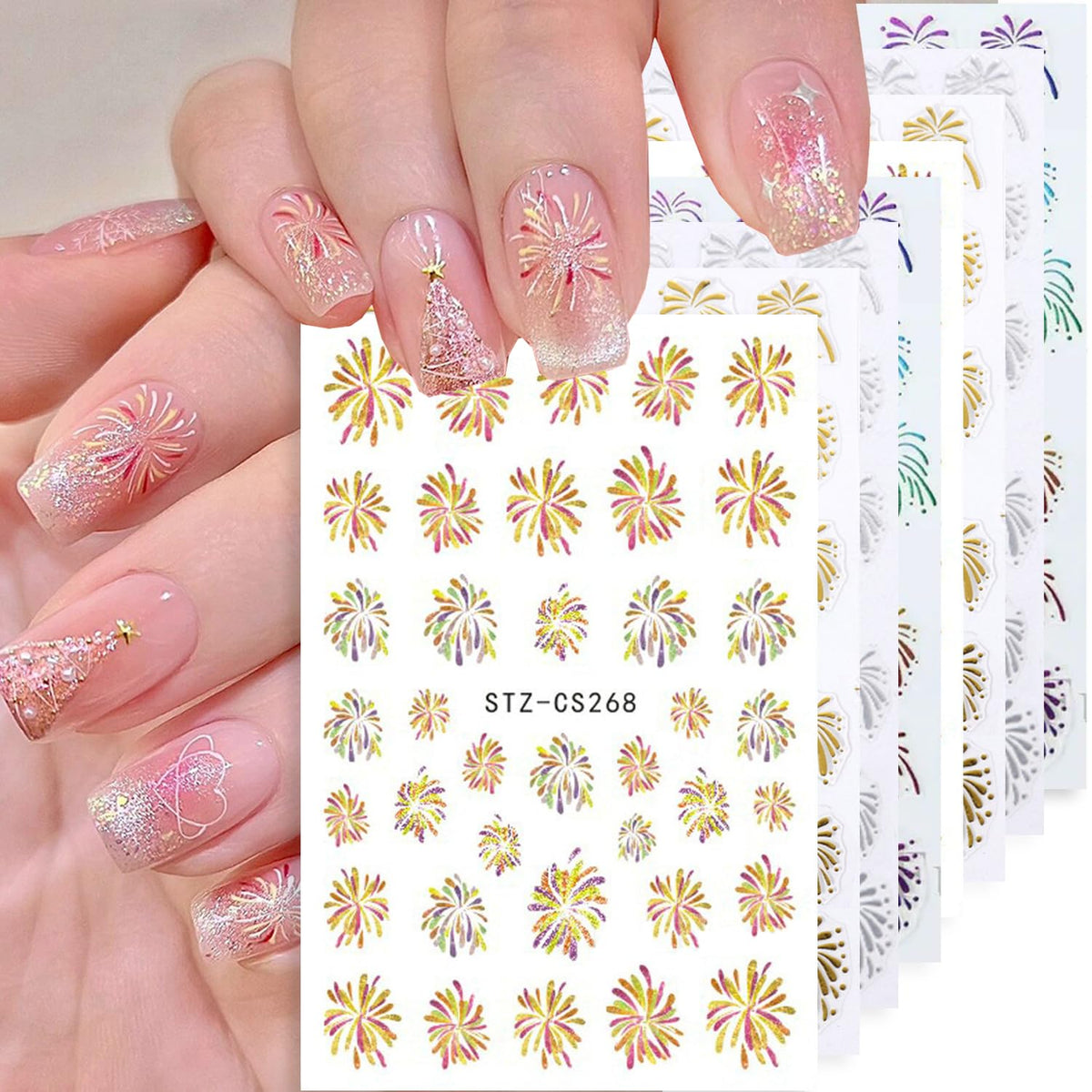 8Sheets Fireworks Nail Art Stickers for Nail Art Gold Silver Fireworks Nail Decals 3D Self-Adhesive Christmas Nail Art Stickers Xmas Stickers Nail Charms for Women Girls New Year Holiday Nails DIY