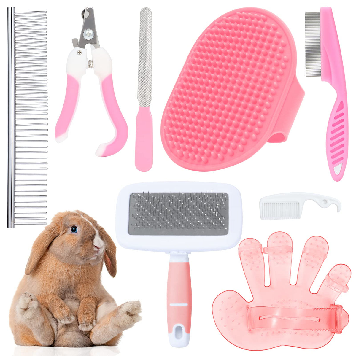 Rabbit and Small Pet Grooming Kit - Slicker Brush Massage Glove Nail Clipper Flea Comb Double-Sided Brush for Rabbits Guinea Pigs Hamsters (Pink)