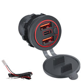 Kework 3 Ports 18W USB Car Charger With Switch 12-24V Dual QC 3.0 USB & PD USB C Cigarette Lighter Socket Outlet Dashboard Mount Quick Charge Charger for Car Motorcycle Truck Marine Boat (Red Light)