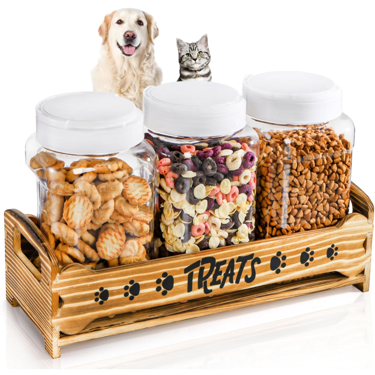 Tlence Dog Treats Container with 3 Plastic Jars Dog Food Storage Canister with Wooden Stand Airtight Pet Treat Holder for Dogs and Cats Dog Snacks Treat Organizer for Kitchen Counter Gift for Pet
