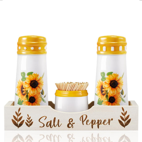 Sunflower Salt and Pepper Shakers with Holder - Sunflower Salt Pepper shaker Set w Toothpick Jar Farmhouse Cute Kitchen Decor Accessories for Kitchen Counter Dining Table Unique Collectable Gifts