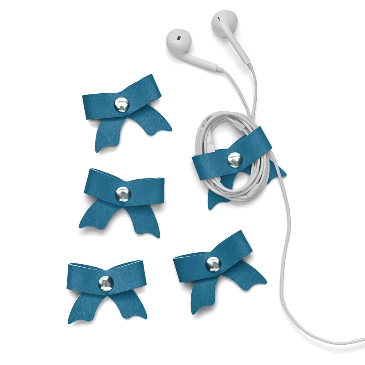 SenseAGE 5 Pack Cord Organizer Bow Cord Keeper Cable Organizer USB Holder Leather Cable Management Cable Straps Earphone Winder Storage Straps for Electronics Earbuds Small Random Blue