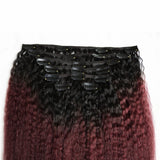 IXTUYLL Virgin Human Hair Clip In Extensions Ombre 99J Dark Red Kinky Straight 120 Grams Clip Ins Hair Extensions Real Human Hair Curls Coarse Yaki(T(1B/99J) Kinky Straight Clip In Hair 12inch 120g)