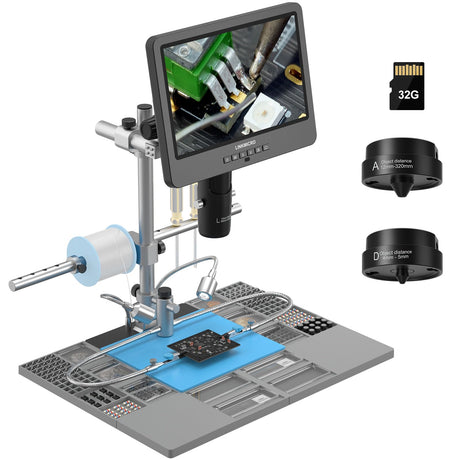 LM249MS Plus 10.1" HDMI Soldering Digital Microscope 2000X 3 Lens Soldering Microscope Station for Electronics Repair with 13" Boom Arm Stand Soldering Mat Helping Hands UHD 2160P Video 32GB