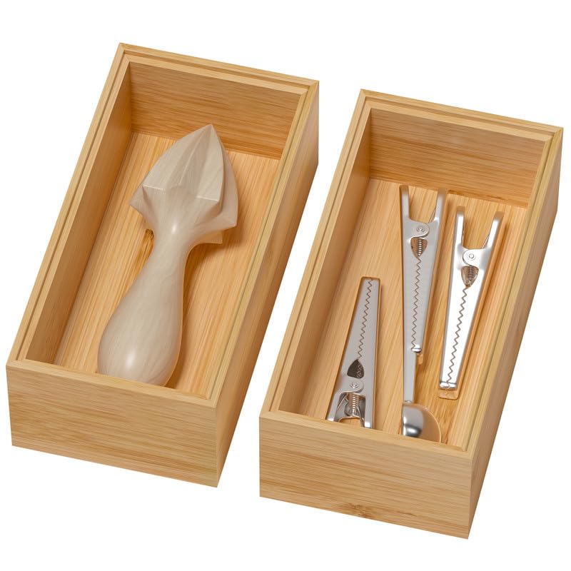 Lixple Bamboo Drawer Organizer Small Silverware Organizer for Kitchen Drawer Stackable Utensil Organizer 2 Pcs Flatware Organizer for Drawer Wooden Storage Box Tray (Bamboo 6 X 3 X 2 Inch)