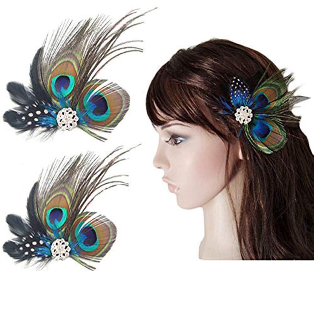 Comidox Hair Clip Cute Peacock Feather with Rhinestones Charming Peacock Headpiece Feather Hair Accessories for Women Weddings Parties Halloween Set of 2