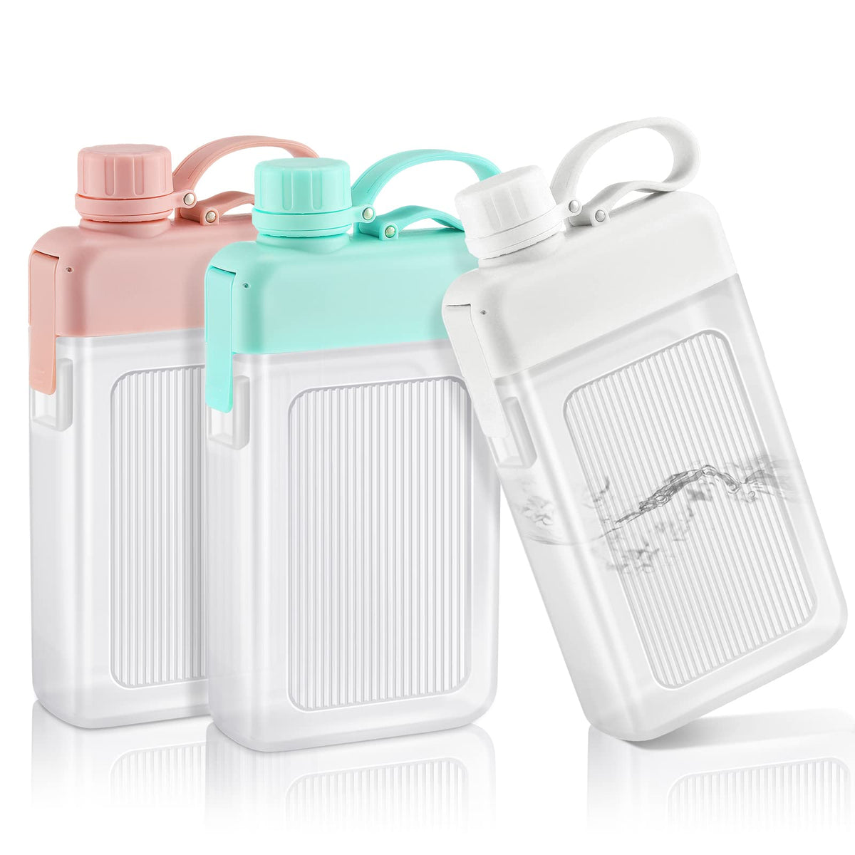Amyhill 3 Pcs Flat Water Bottle 15oz A5 Travel Bottles Leak Proof Slim Square Memo Flask Plastic Portable Travel Mug for Outdoor Sports Fitness Camping Hiking Cycling(White Pink Green)