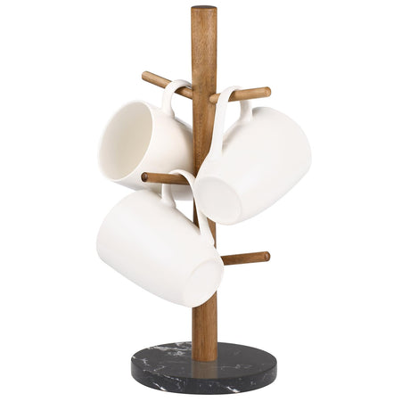 Buruis Mug Holder Acacia Wood & Marble Base 6 Hooks Kitchen Countertop Coffee Tea Cups Organizer