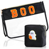 BuyCard 2 Pcs Halloween Gifts Cosmetic Makeup Bag with Boo Chenille Letter Patch Clear Pouch PVC Organizer Purse Waterproof Travel Bag Portable Toiletry Storage Bag for Her Girls Friends Women