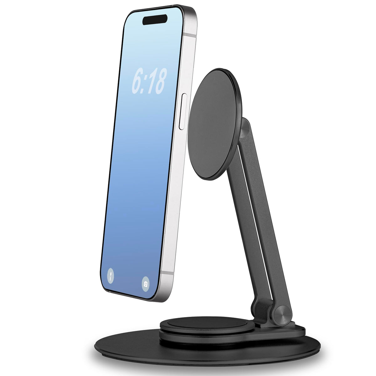 Magnetic Phone Stand for Desk 360° Rotatable Foldable Magnetic Phone Holder Stand Height&Tilt Adjiustable Non Slip Base Magsafe Phone Holder for iPhone 15/14/13/12 Series/Magsafe Case (Black)