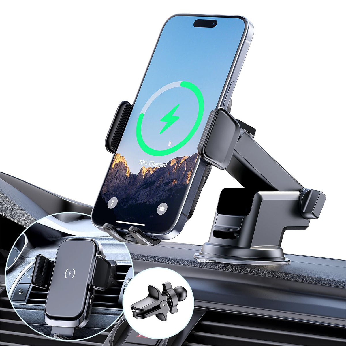 15W Wireless Car Charger Fast Charging Auto-Clamping Phone Mount Holder for Dashboard Windshield Vent Mount for iPhone 15/14/13/12/11 Pro Max Xs Samsung S23/S22/S21/S20/S10+ Note 9 LG Google