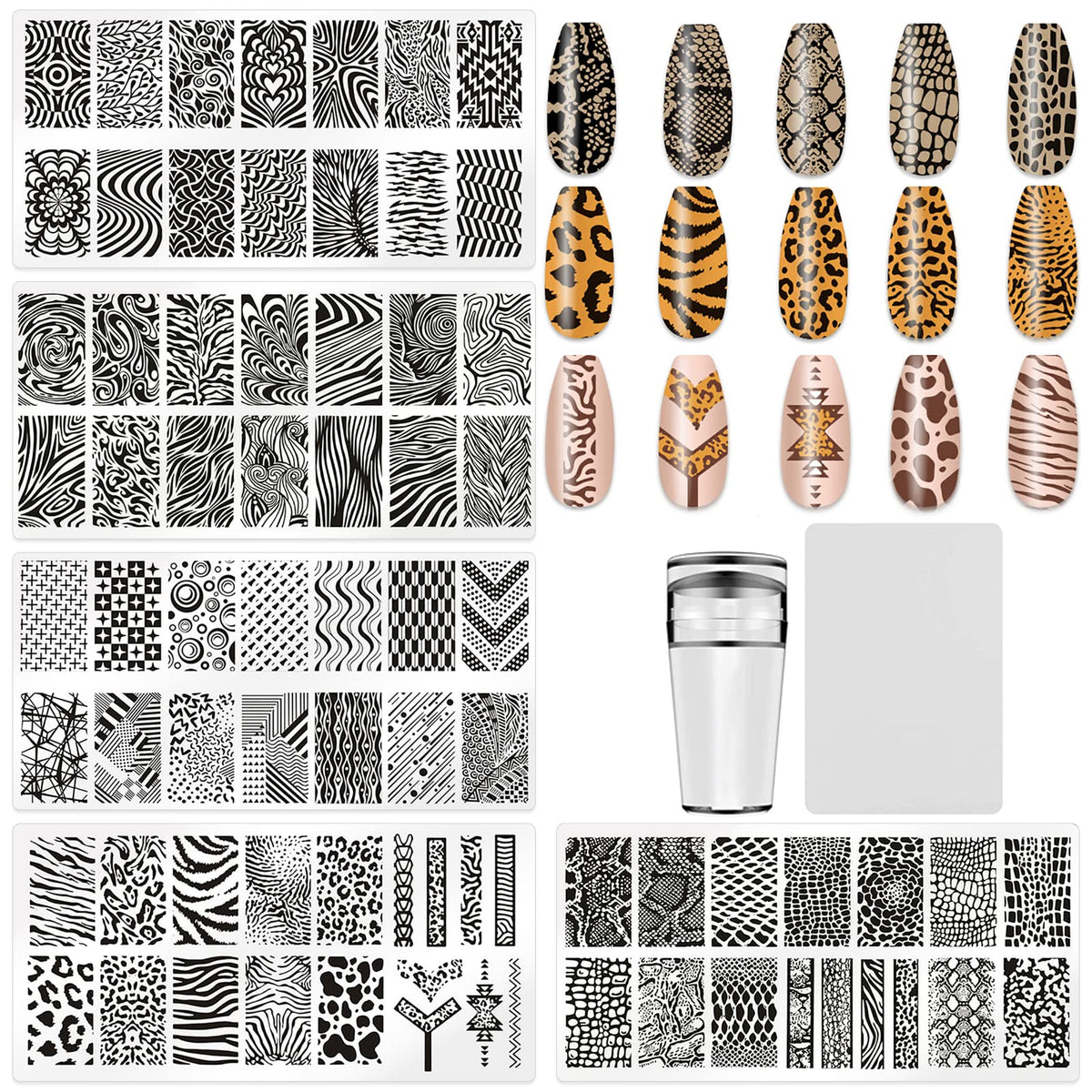 HYWWPFLAY 5Pcs Nail Stamping Plates Leopard Print Nail Stamps Nail Art Stamping Plates Nail Stencils Nail Plate Template Nail Art Stamping Kit Nails Accessories with 1 Nail Stamper 1 Scraper