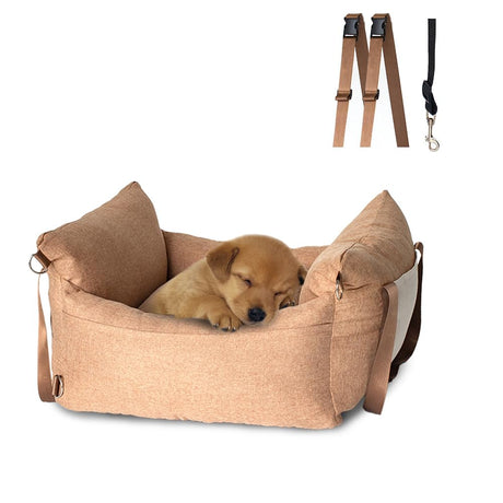 SUWUYUE Pet Car Seat for Small Dogs Waterproof Dog Booster Seat with Storage Pockets Clip-On Safety Leash and Thick PP Cotton Filling Pet Travel Carry Bed Up to 25lbs Khaki