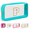 Small Clear Personalized Initial Makeup Bag Preppy Nylon A-Z Chenille Letter Patch Makeup Organizer TSA Approved Travel Toiletry BagWaterproof Zip Beach Cosmetic Pouch Purse for Women(Cyan-White P)