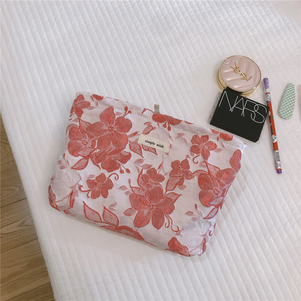 Elegant Large Flower Relief Cosmetic Bag