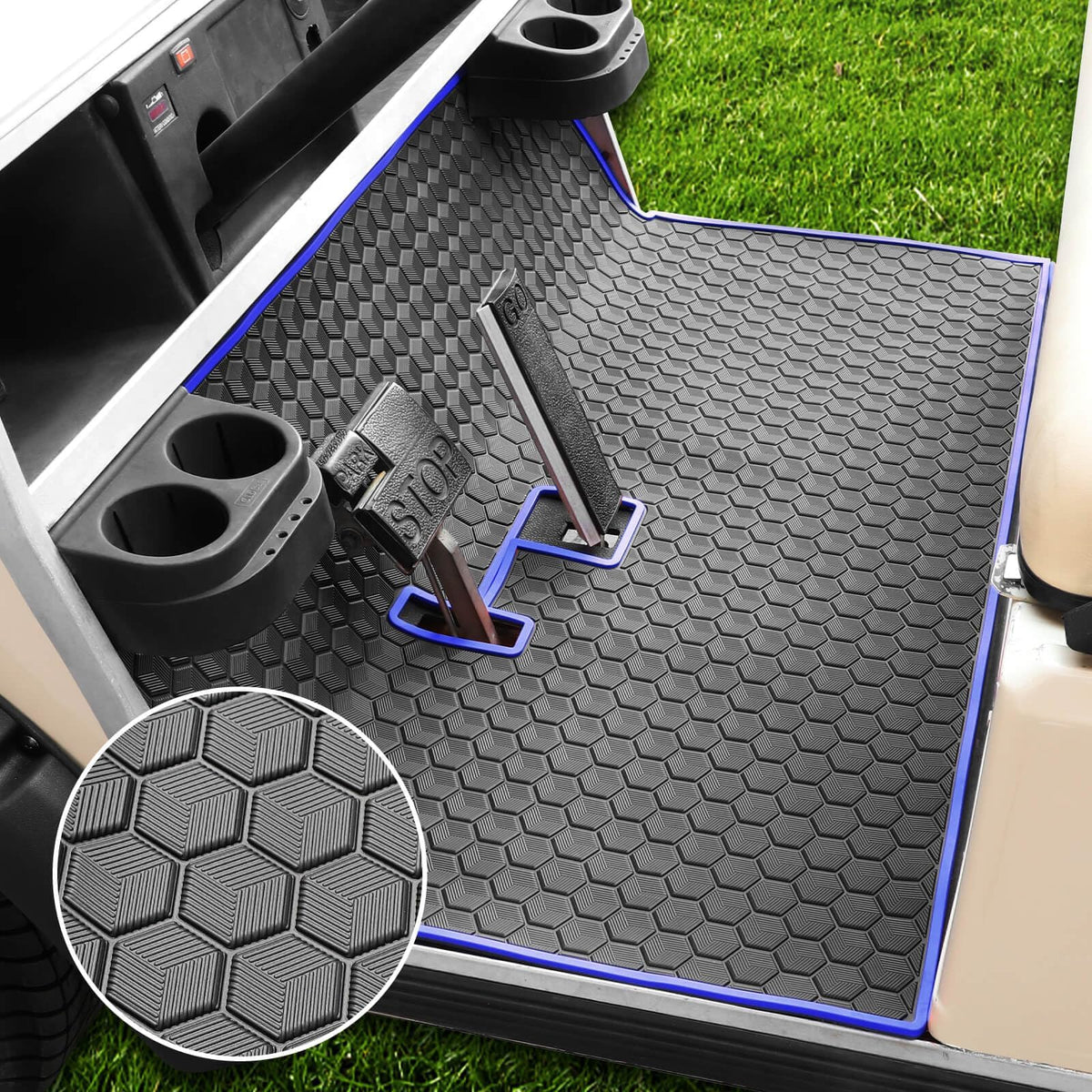 Club Car DS Floor Mat Upgraded Non-Slip Full Coverage Golf Cart Floor Mat Replacement Think Rubber Fits Club Car DS 1982-2013 / Villager 1982-2018 (Blue Trim)
