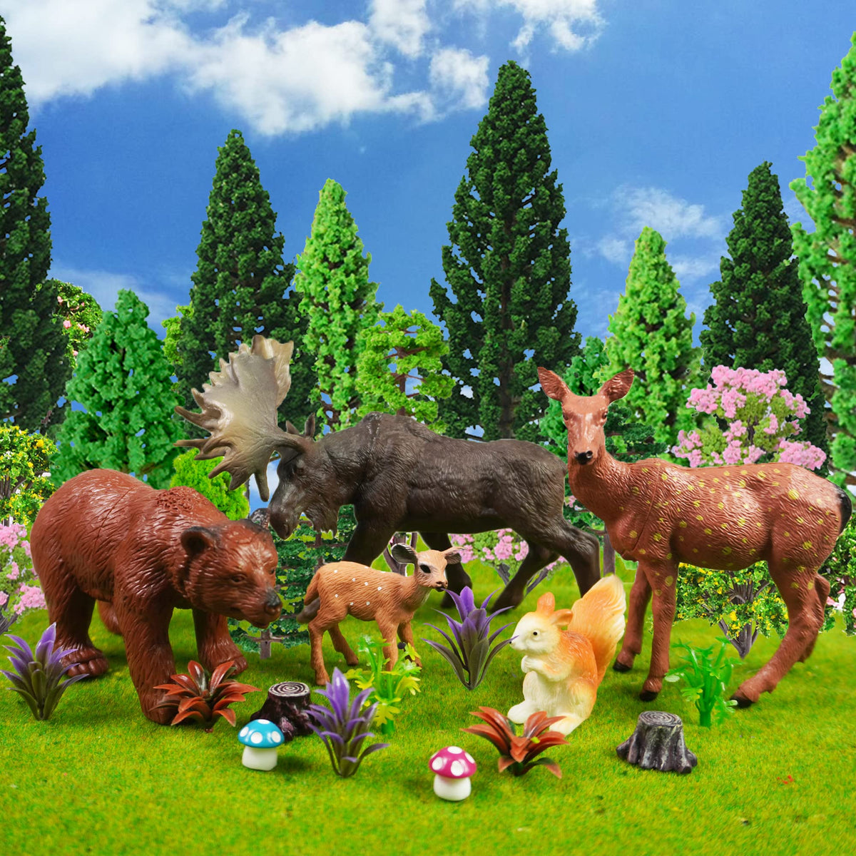 40 PCS Woodland Animals Figures Model Trees 5 Pcs Animal Toy Figurines and 35 Pcs Mixed Plastic Trees Forest for Woodland Cake Toppers Decorations Birthday Party Supplies