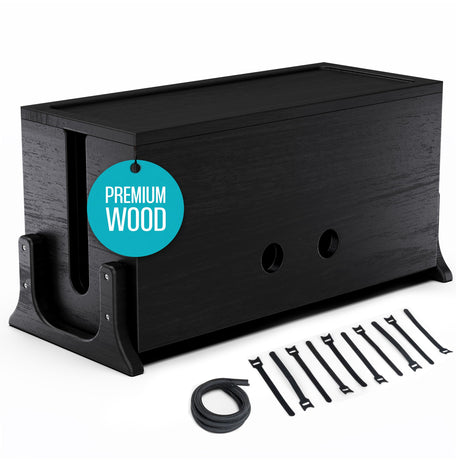 Extra Large Cable Management Box Wood Cord Organizer Box - Cable Box Organizer Cord Box Hider - Power Strip Box Hider Cable Storage Box for Office TV Wires Desk Cord Organizer (Black Varnish)