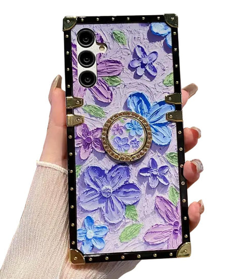 AMAZFCCY Floral Case for Galaxy A14 5GRing Stand Holder Cute Colorful Retro Oil Painting Flower Soft Thin TPU Luxury Golden Reinforced Corner Shockproof Girly Cover for Samsung Galaxy A14 (Purple)