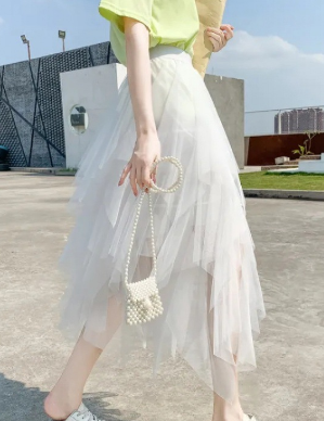 High Waist Irregular Mesh A-Line Puff Skirt for Women