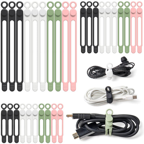 OneLeaf 30Pcs Cord Organizer Silicone Cable Ties Reusable Cord Ties for Electronics Multipurpose Elastic Wire Ties Travel Essentials for Cable Organizer Wire Organizers for Fastening Cords