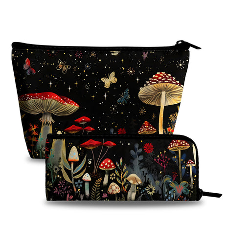 xiaotcq Mushrooms Makeup Bag Cosmetic Bag for Women1Pcs Large Capacity Makeup Bags and 1Pcs Pencil Case Makeup Brushes Storage Bag Travel Toiletry Bag Organizer