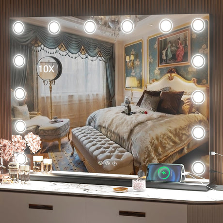 Hasipu Vanity Mirror with Lights 32" x 24" Makeup Mirror Light up Mirror with 14 Dimmable LED Lights and 10X Magnification 3 Colors Modes Touch Control USB Charging Port Black