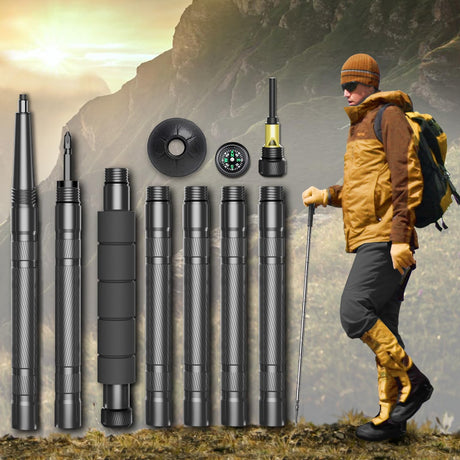Hiking Stick Collapsible Walking Stick Staff for Hiking Outdoor Trekking Pole with Compasse Whistle etc. (1 Stick/ 7 Tubes)