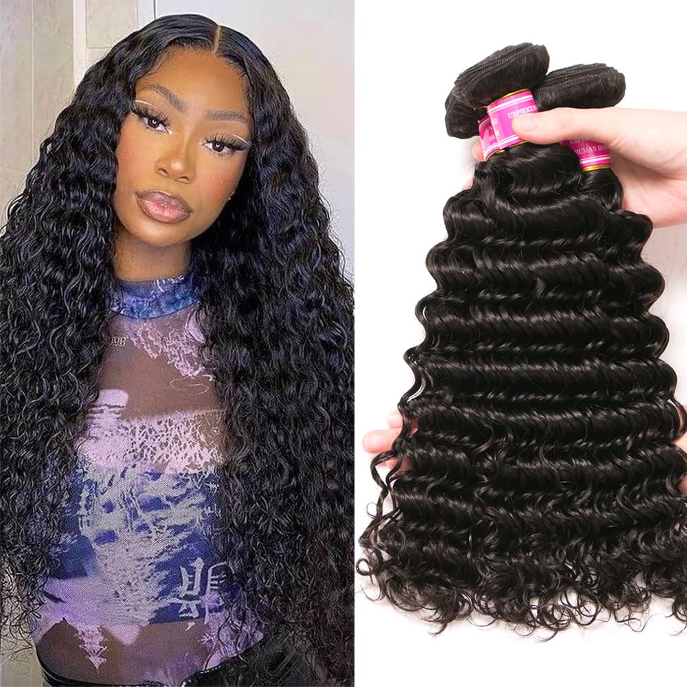 100% Brazilian Virgin Hair Deep Curly Wave Bundles Human Hair Weave Bundles 3 Bundles Human Hair Deep Wave Hair Extensions for Black Women 12A Natural Black Color16 18 20 Inch