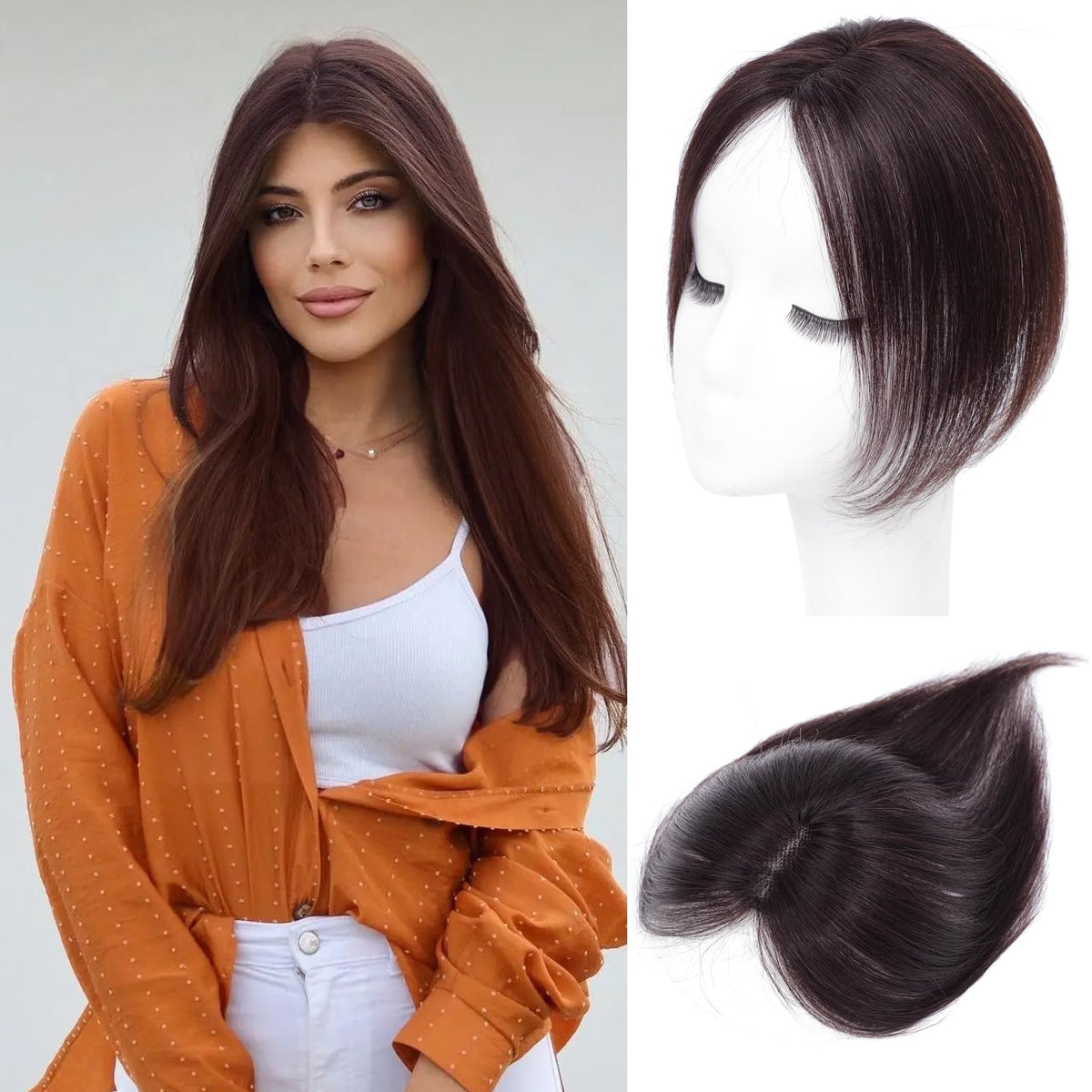 Angels Beauty Hair Toppers for Women Real Human Hair 360° 3D Cover Side Clip in Bangs Upgrade Base Human Hair Toppers for Women with Thinning Hair Side Bangs Hair Clip (Chestnut Brown Side Bangs)