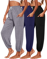 Riyiper 3 Pack Womens Sweatpants Cozy Yoga Pants with Pockets Casual Harem Lounge Pants Athletic Drawstring Joggers (Black Light Gray Navy BlueXX-Large)