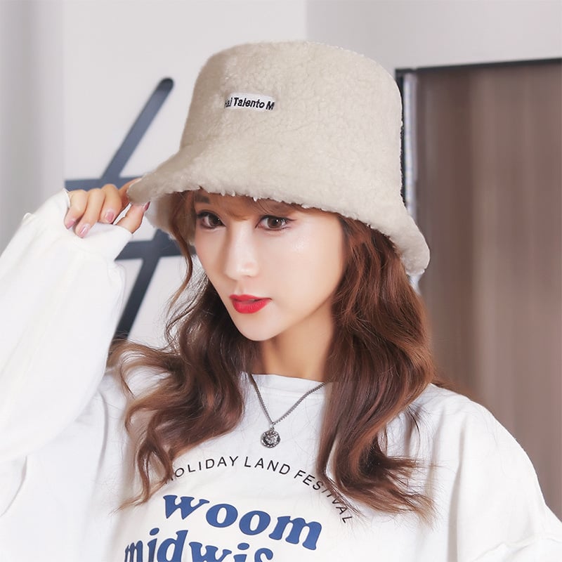 Embroidered Fisherman Hat with Lamb Hair Detail