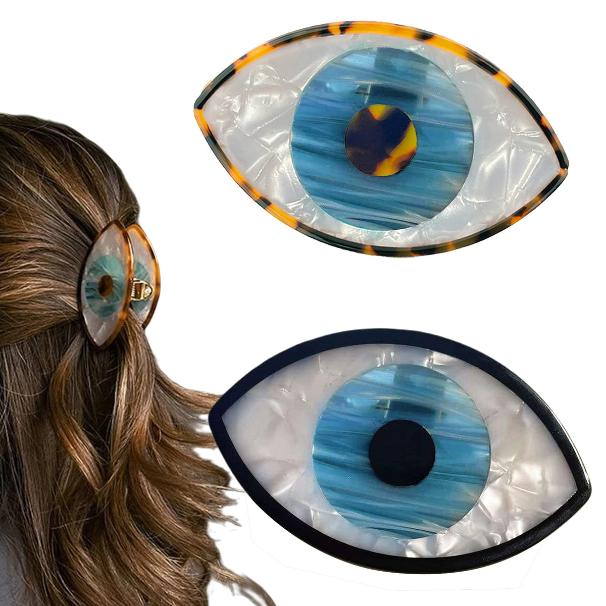 YOSOMK 3" Retro Blue Eye Hair Claw Clips - Non-slip Small Hair Accessories for Women With Unique Design and Stitching Color for Thick and Thin Hair