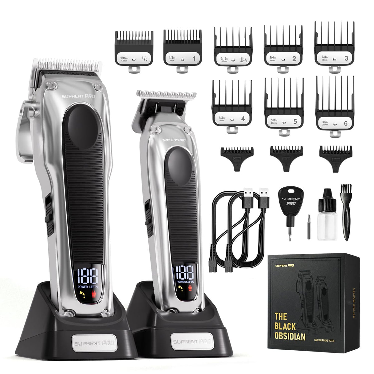 SUPRENT PRO Professional Hair Clippers for Men - High Torque Brushless Motor & Detachable Blade - Cordless Hair Trimmer Set for Barbers with Charging Base - Premium Hair Clipper Kit - Silver