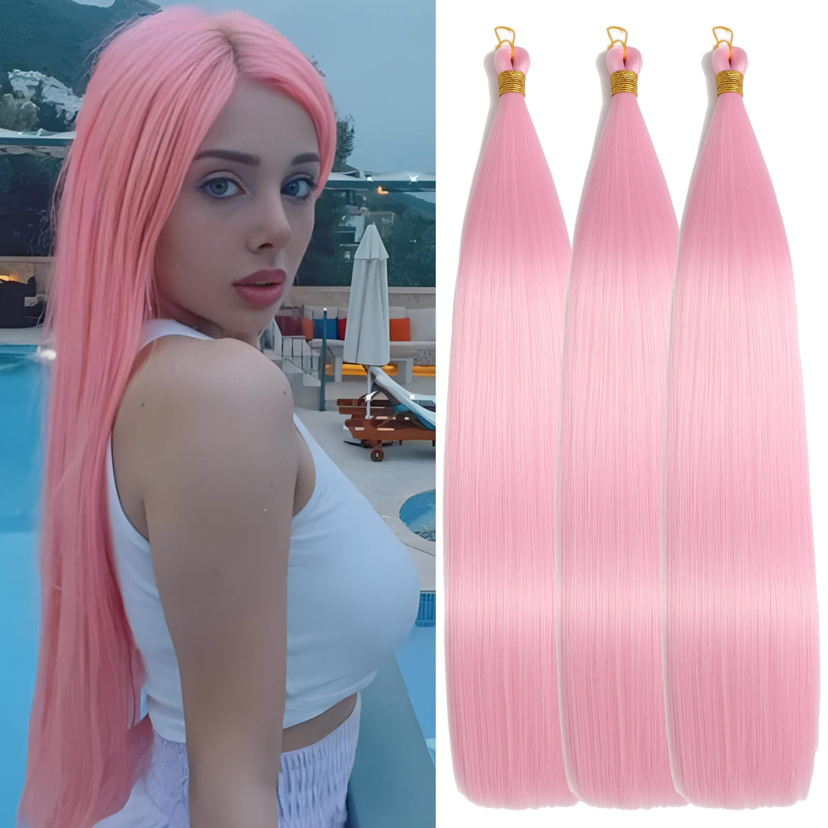 Locescsoc 24 Inch Straight Hair Extensions 150g 3 Packs Bone Straight Braiding Hair Pink Ariel Straight Ponytail Hair Bundles Ombre Soft Synthetic Crochet Box Braids for Women