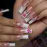 RTKHFZE White French Tip Press on Nails Long Square Fake Nails with Designs Nails 3D Flower Acrylic False Nails Long Full Cover Stick on Nails for Women Manicure