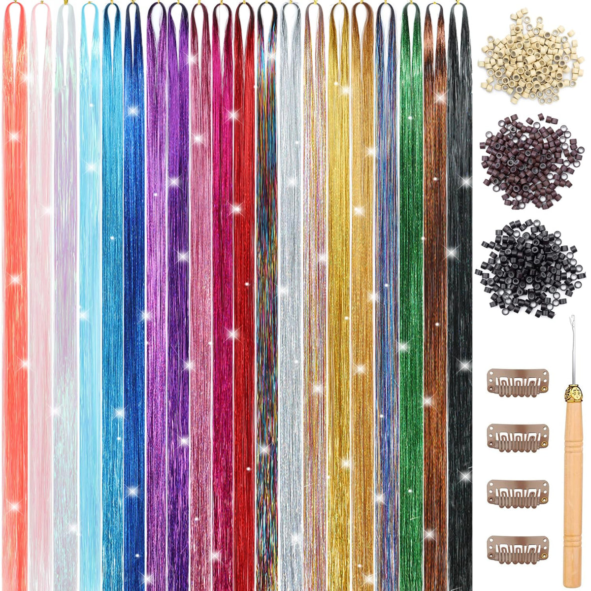 YUBTY Hair Tinsel Kit 20 Colors 4800 Strands Fairy Hair Tinsel Heat Resistant 48 Inches Glitter Tinsel Hair Extensions Hair Accessories Hair Tinsel Kit for Girls Christmas Halloween New Year Cosplay