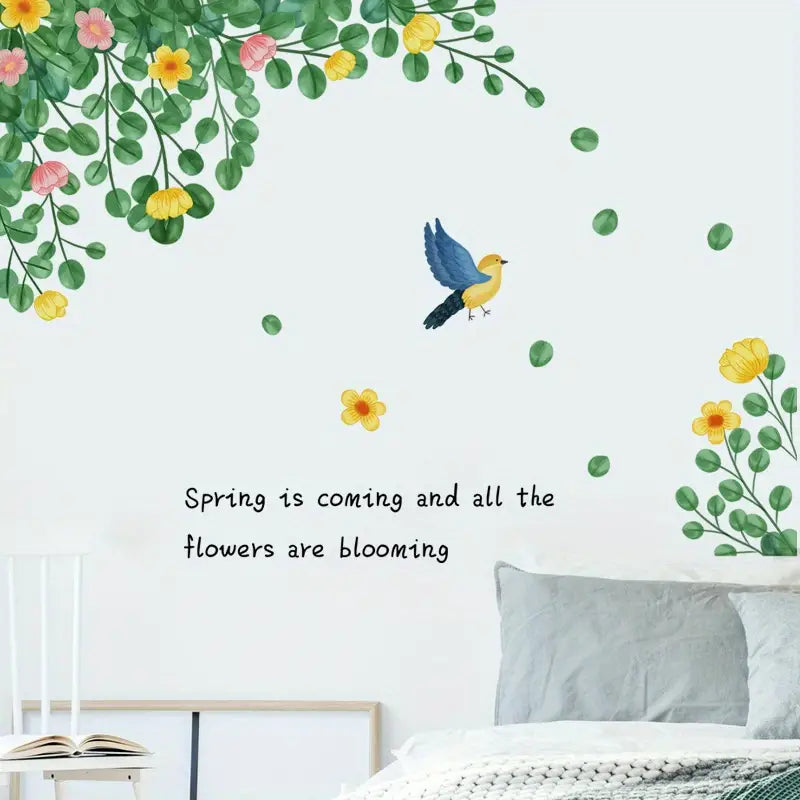 Green Leaf Flowers Bird Wall Stickers for Home Decor