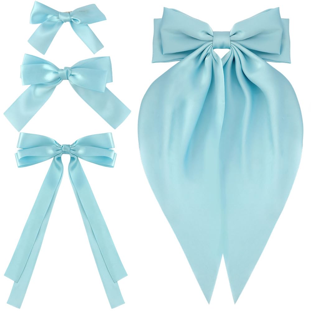 Atoden Blue Hair Bows for Women Girls 4 Pcs Silky Satin Hair Ribbons Oversized Long Tail Bow Hair Clips Hair Barrettes Alligator Metal Clips Big Bowknot Cute Hair Accessories Gifts