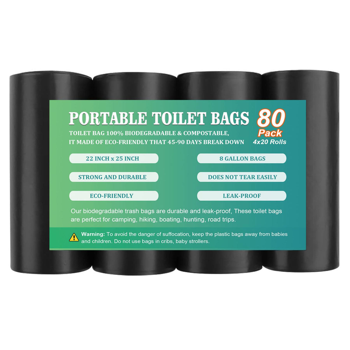 Portable Toilet Bags for Camping，80 PCS Toilet Replacement Bags 8 Gallon Waste Bags for 5 Gallon Bucket Toilet Seat Trash Bags for Outdoor Boating Travel Camping (80 Count)
